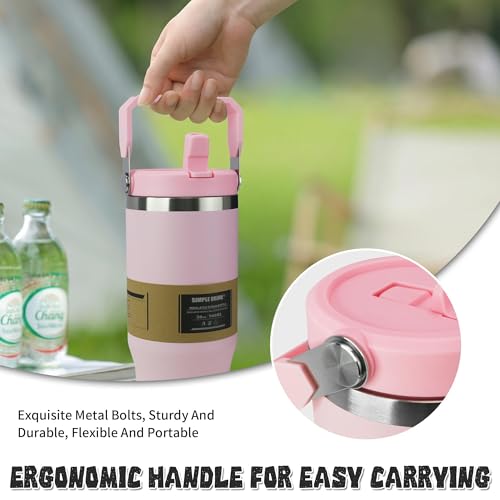30oz Flip Straw Insulated Tumbler with Handle, Leak Proof Stainless Steel Water Bottle, Double Wall Vacuum Travel Coffee Mug for Cold Drinks, Gym Office Travel Essentials - color: Pink