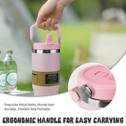 30oz Flip Straw Insulated Tumbler with Handle, Leak Proof Stainless Steel Water Bottle, Double Wall Vacuum Travel Coffee Mug for Cold Drinks, Gym Office Travel Essentials - color: Pink