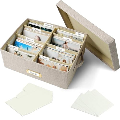 Collapsible Photo Storage Box, Adjustable Dividers - Beige, 35cm | Holds 1700 Photos, Hook & Loop Dividers, Handle, Label Stickers - color: Beige, size: 13.78"x11"x 5.12"