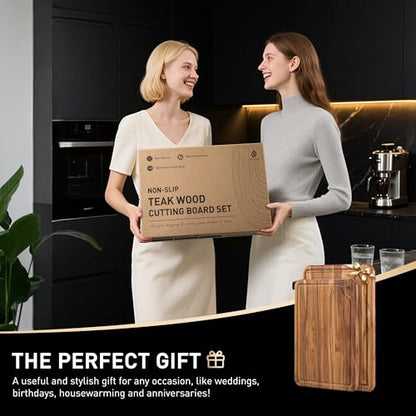 2 Pack Teak Cutting Boards for Kitchen Wood Wooden Cutting Board Non Slip | Non Toxic, Over Sink, NOT Bamboo Stainless Steel Titanium Acrylic Acacia Olive, Space-Saving, Kitchen Gift for Mom - style: Set of 2