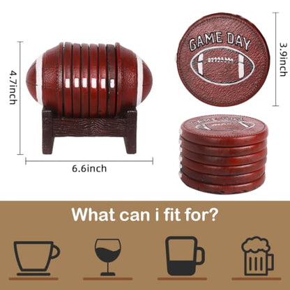 Football Coasters - 6 Full-Size Gridiron Rustic American Football Coasters | Non-Slip for Log Cabin, Man Cave, Bar & Farmhouse Decor | Protect Furniture - style: Football