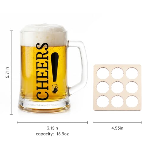 Beer Mug Set with Bottle Cap Holder Board – 16.9oz Beer Mug Gift Set | 16.9oz glass beer mug, wooden bottle cap holder board, home bar game decor, beer lover gift set, bar party entertainment use