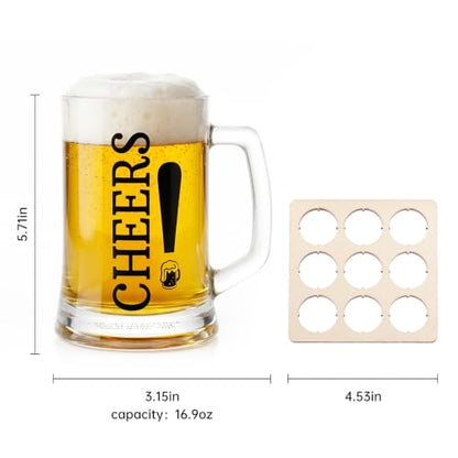 Beer Mug Set with Bottle Cap Holder Board – 16.9oz Beer Mug Gift Set | 16.9oz glass beer mug, wooden bottle cap holder board, home bar game decor, beer lover gift set, bar party entertainment use