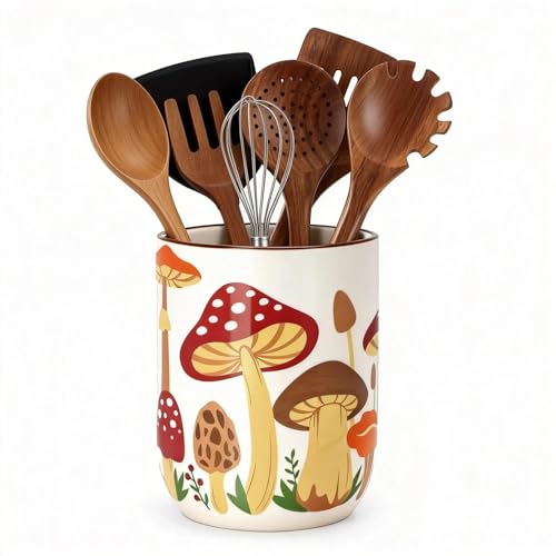 Nefelibata Mushroom Ceramic Utensil Holder Rustic Functional Utensil Crock | Kitchen Storage Decor Perfect for Storing Cooking Tools and Cutlery Keep Organized Large Crock for Countertops