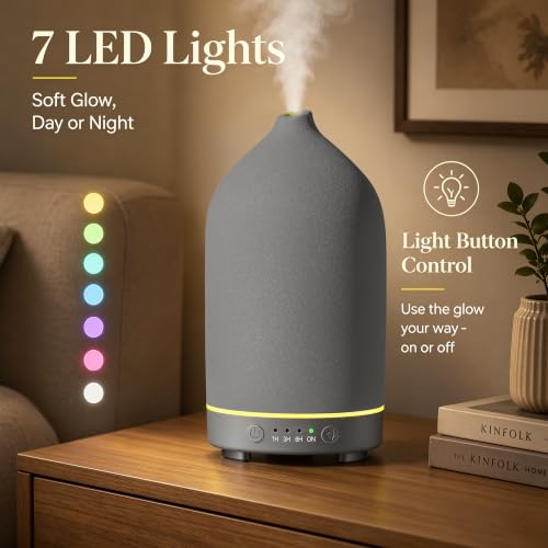 200ML Ceramic Essential Oil Diffuser for Home, Stone Diffuser | Ultrasonic Aromatherapy Diffuser & Air Humidifier for Bedroom, Office, Yoga, 7 LED Lights, Auto Shut-Off, 3 Timers, Grey - color: Grey
