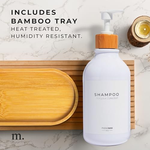 MaisoNovo Soap Dispenser Bathroom Set of 2-16.9 oz Bathroom Soap Dispenser Set - White Plastic Bottles x 2 with White Bamboo Pumps & Tray - color: Plastic White Bottles/ White Bamboo Pumps