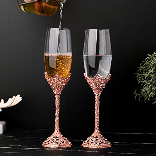 Champagne Flutes - Crystal Glass Metal Base With Crystal Stones, Set of 2 Toasting Flute Pair, Wedding Anniversary Party Birthday Banquets and Gifts for Bride and Groom (Rose Gold) - color: Rose Gold