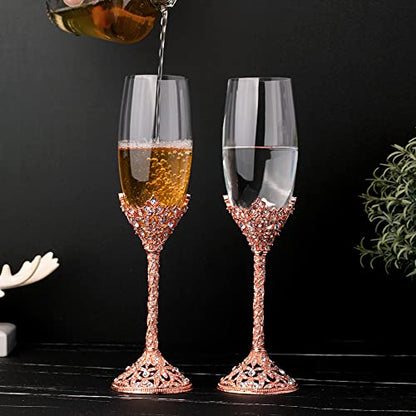 Champagne Flutes - Crystal Glass Metal Base With Crystal Stones, Set of 2 Toasting Flute Pair, Wedding Anniversary Party Birthday Banquets and Gifts for Bride and Groom (Rose Gold) - color: Rose Gold