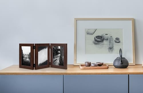 Brown Double Photo Picture Frame 6 x 4, Holds 3 Standard Photographs, Freestanding, Twin Hinged 6x4 10 x 15 cm Picture Frames，Glass Front Stand Vertical on Desktop - color: Brown, size: 3x46