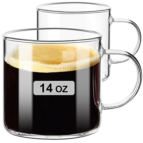 PARACITY Glass Mug Set of 2, 14.2 fl oz Clear Coffee Cups with Handles | Borosilicate bodies have wide mouths, grips and raised bases for latte, cappuccino, tea, hot drinks or water - size: 14.2 Ounces