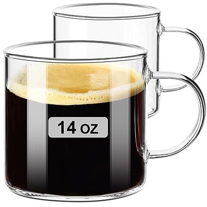PARACITY Glass Mug Set of 2, 14.2 fl oz Clear Coffee Cups with Handles | Borosilicate bodies have wide mouths, grips and raised bases for latte, cappuccino, tea, hot drinks or water - size: 14.2 Ounces
