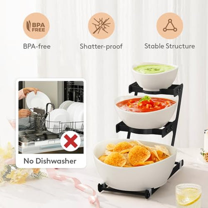 Lifewit 3 Tier Plastic Serving Bowls for Party, Chip and Dip Serving Set | Tiered Serving Tray with Black Metal Stand for Fruit, Snack, Crack-Proof Platter for Buffet Display, Party Hosting Essentials - color: Black