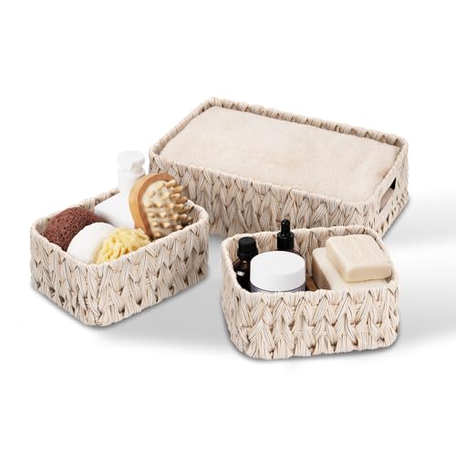 GRANNY SAYS Wicker Baskets for Shelves, Woven Wicker Basket Small | Small Woven Storage Baskets for Shelf, Rattan Basket for Organizing, Wicker Basket Set, 3-Pack Small Waterproof Baskets - color: Butter Milk, size: 13"L x 9"W x 4"H + 2x 7¾"L x 5¾"W x 3½"