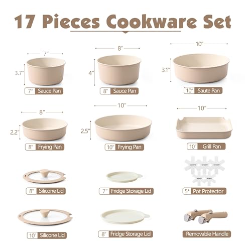 SENSARTE 17 Piece Ceramic Detachable Handle Pots and Pans Set Almond Beige | Ceramic Cookware Set, Induction Cookware Set with Removable Handle, Healthy Non Stick for RV, Dishwasher ＆ Oven Safe - color: Almond Beige, size: 17 Piece