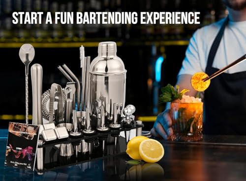 Bartender Kit, 26-Piece Cocktail Shaker Set Stainless Steel Drink Shaker Bar Set with Acrylic Stand & Cocktail Recipes Booklet, Perfect Cocktail Set for Drink Mixing, Home, Bar and Parties