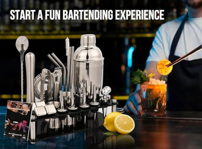 Bartender Kit, 26-Piece Cocktail Shaker Set Stainless Steel Drink Shaker Bar Set with Acrylic Stand & Cocktail Recipes Booklet, Perfect Cocktail Set for Drink Mixing, Home, Bar and Parties