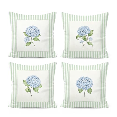 Blue Hydrangea Floral Pillow Covers 18x18, Cottagecore Sage Green Striped Hydrangea Flower Botanical Decorative Throw Pillow Covers for Home Bedroom Living Room Sofa Couch, Set of 4 - color: White-sage Green Hydrangea Set