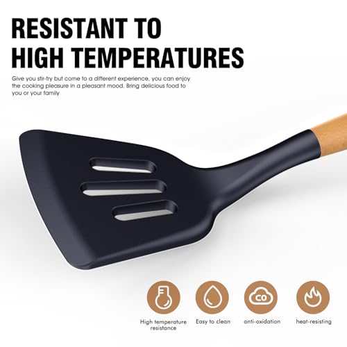 Silicone Cooking Utensils Set - AVGPD Silicone Kitchen Utensils for Cooking Wooden Handles, 446°F Heat Resistant Kitchen Utensil Spatula Sets, Gadgets for Non-Stick Cookware BPA FREE (Navy Blue) - color: Blue