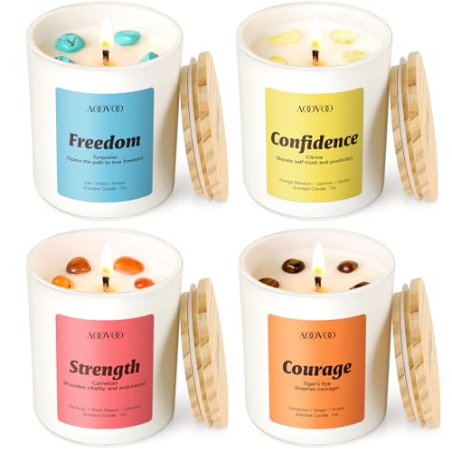 AOOVOO Empower Candles Set for Women - 4 Pack Soy Candles for Home Scented | Aromatherapy Candle with Crystals, Turquoise Freedom /Citrine Confidence /Carnelian Strength /Tiger's Eye Courage - style: Empower Candles Set