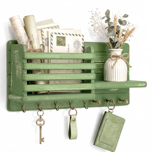 Rebee Vision Key Holder Wall Mount with 8 Key Hooks for Hoom Decor, Green | Key Holder for Wall, Mail Slot, Letter Storage, Mail Organizer, Key Hanger, Umbrellas, Floating Shelf, Home Organization - color: Green