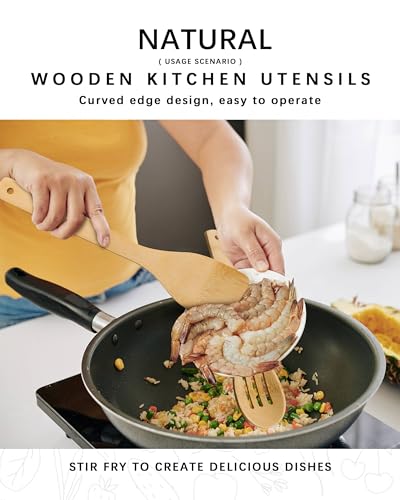Wooden Spoons for Cooking, 3PCS Wooden Utensil Set Includes Slotted Spoon, Wooden Spoon & Wooden Spatula, Bamboo Cooking Utensils for Non-Stick Pans, Natural Bamboo Utensils | Slotted spoon, solid spoon and spatula handle stirring, draining, flipping and