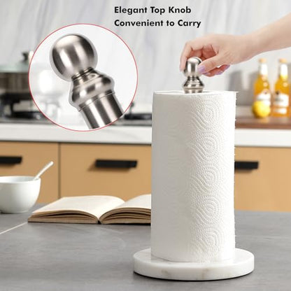 Exilon Paper Towel Holder Countertop with Heavy Marble Base, Standing Paper Towel Roll Holder for Kitchen Bathroom, with Weighted Base for One-Handed Operation - color: Brushed Nickel