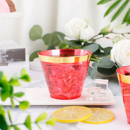 LUODA 150PCS Red Plastic Cups, 9oz Clear Red Disposable Cups with Gold Rim | Old Fashioned Tumblers Gold Rimmed Red Plastic Cups,Unbreakable cups for Any occasion: Weddings, Parties, Business Events - color: Red