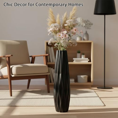 Black Tall Ceramic Floor Vase, 24 Inch, Ribbed Design | Matte Finish, Living Room, Fireplace, Entryway, Pampas Grass - size: 24 Inch
