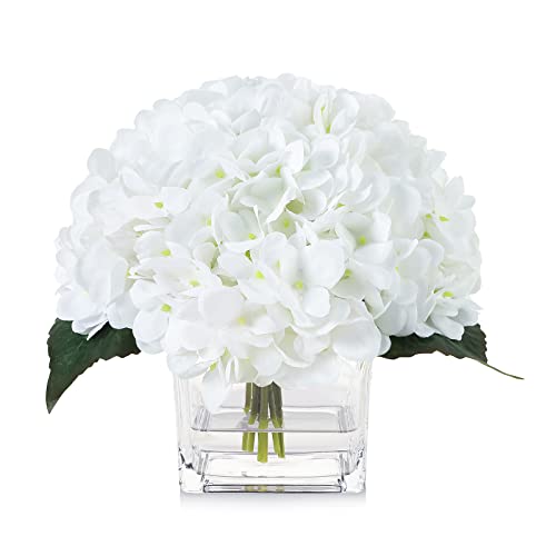 Silk Hydrangea Artificial Flowers in Vase with Faux Water, Silk Flower Arrangements in Vase for Wedding, Dining Table, Living Room (White) - color: White