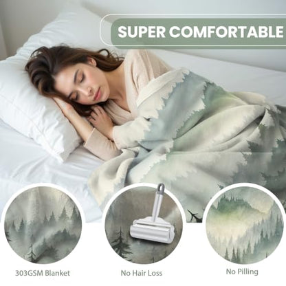 Sage Green Forest Throw Blanket, 50x60 in | for Nature Mountain, Cabin Tree Flannel Blankets, for Couch Bed Living Room Sofa, Decorative Patterned, Super Soft Cozy - size: 50"W x 60"L
