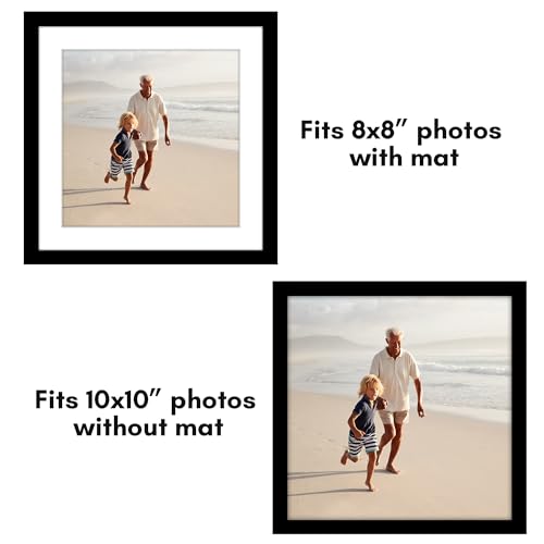 Americanflat 10x10 Picture Frame 2-Pack - Matted to 8x8 - Black | Slim Molding construction, Polished plexiglass front, wall or tabletop display with included easel, triangle hangers included - color: Black, size: 10x10