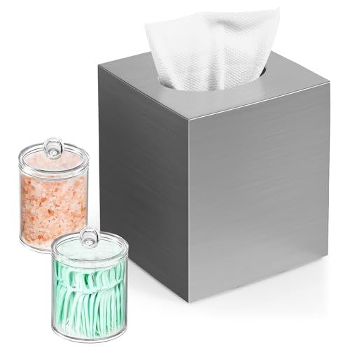 Square Acrylic Tissue Box Cover with 2 Pcs Qtip Holder Dispenser,Sliver | Modern decor,plastic,bathroom vanity storage organizer set,non-slip,Easy to refill,size compatibility for tissue & rolls - color: Sliver, size: 1 Tissue Box Cover with 2 Qtip Holder
