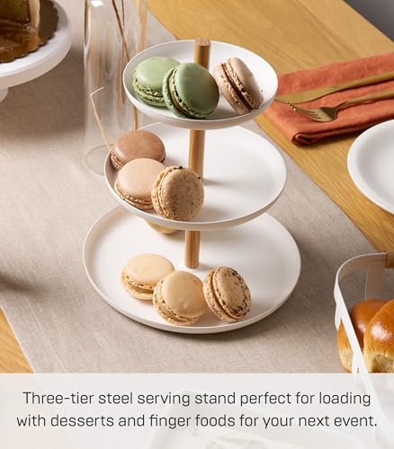 Yamazaki Home 3-Tier Food Serving Stand - Appetizer & Dessert Tray Party Organizer Steel + Wood White | 3-tier food serving stand & party organizer. Durable steel and wood construction. Display appetizers and hors d'oeuvres. - size: 7.9"