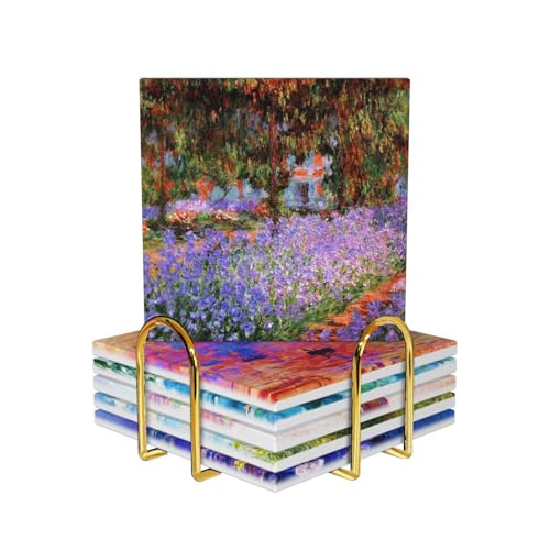 Coaster for Drinks Set of 6,Famous Claude Monet Paintings Absorbent Round Ceramic Stone Mat, with Cork Base and Metal Holder, Gift for Housewarming Room Bar Decor - color: F08 - Claude Monet
