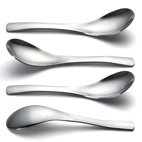 Stainless Steel Soup Spoons - 6 Inch Heavy Duty Asian Soup Spoon for Ramen, Rice, Tea, and Milk, Set of 4 Short Handle Ramen Spoons, Dishwasher Safe, Silver Chinese Table Spoon