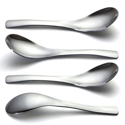 Stainless Steel Soup Spoons - 6 Inch Heavy Duty Asian Soup Spoon for Ramen, Rice, Tea, and Milk, Set of 4 Short Handle Ramen Spoons, Dishwasher Safe, Silver Chinese Table Spoon