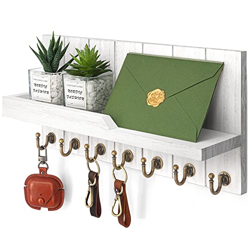 Rebee Vision Key Holder Wall Mount with 7 Hooks for Home Decor, White | Farmhouse Key Holder for Wall, Floating Shelf for Placeable Plants, Mail Organizer, Rustic Apartment Essential - color: White, size: 15 inches