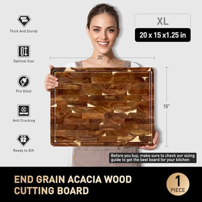 Extra Large End Grain Cutting Board for Kitchen with Non-slip Feet, Acacia Wood Heavy Duty Checkered Cutting Board Handcrafted Luxury Chopping Board for Cheese and Vegetables Housewarming Gift - size: 20"L x 15"W