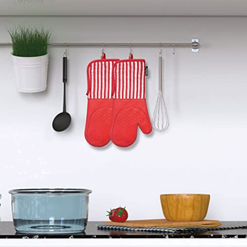Alselo Silicone Oven Mitts Heat Resistant 932℉ with Waterproof & Non-Slip | Kitchen Mittens Set of 2,Extra Long 7.5"x15" Oven Gloves with Soft Cotton Terry Lining for Baking Cooking BBQ(Red,2) - color: Red