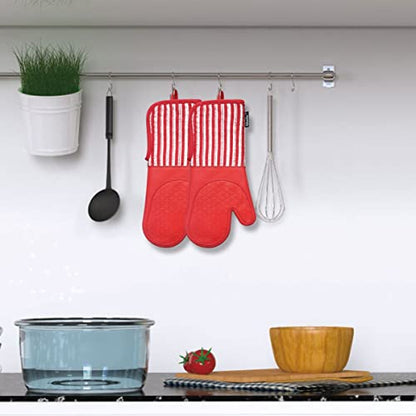 Alselo Silicone Oven Mitts Heat Resistant 932℉ with Waterproof & Non-Slip | Kitchen Mittens Set of 2,Extra Long 7.5"x15" Oven Gloves with Soft Cotton Terry Lining for Baking Cooking BBQ(Red,2) - color: Red