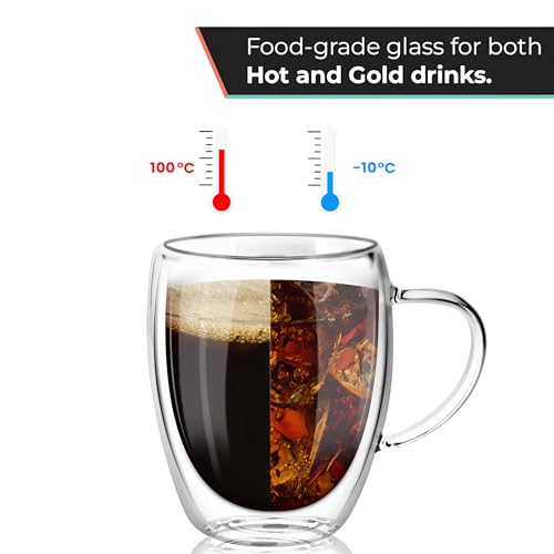 12 Oz Double Wall Borosilicate Insulated Glass Coffee Mug Set of 4, 350ml Coffee Cups with Handle for Cappuccino, Tea, Latte - Perfect Cappuccino Cup Gift - color: 4 pcs 12 oz