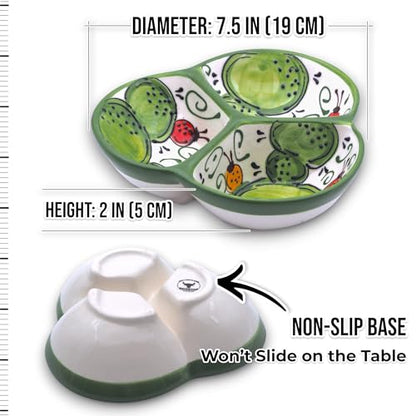 3-Compartment Ceramic Serving Dish, Handmade in Spain | 7.5” divided chip and dip bowl with lead-free glaze, microwave, oven and dishwasher safe, ideal for tapas, snacks and sauces - color: Cactus Green