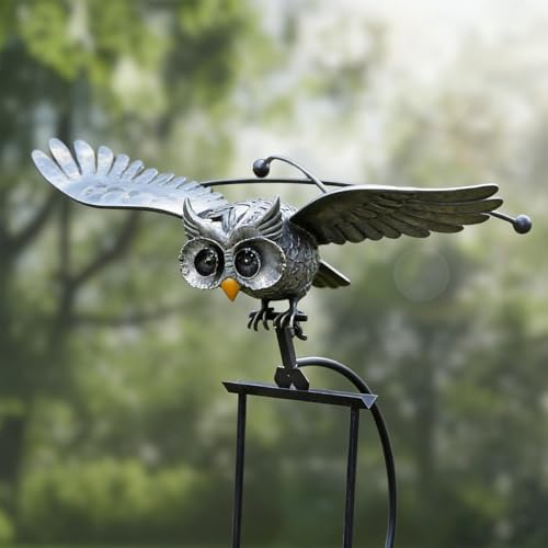 Metal Owl Garden Stake Decor, Owl Garden Rocker Outdoor Metal Owl Sculpture, Kinetic Owl Decorative Garden Stakes for Outdoor Garden Lawn Yard (Flying owl) - color: Flying owl