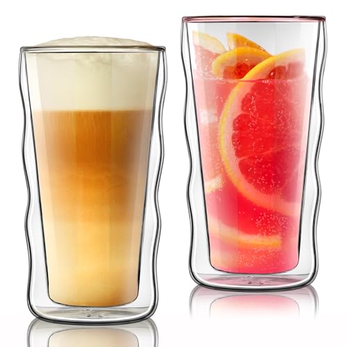 Joeyan Double Walled Insulated Tumbler,15 oz Beer Cocktail Glass Cups Highball Drinking Glasses,Double Lined Borosilicate Smoothie Hot Beverage Tea Coffee Glassware,Set of 2 - color: 15 oz Double Walled Insulated Tumbler
