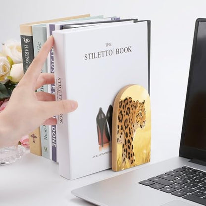 Personalized Wood Book Ends Metal Base Golden Leopard Illustration Printing Bookend Modern Heavy Duty Bookends for Home Or Office 1 Pair - color: Golden Leopard Illustration