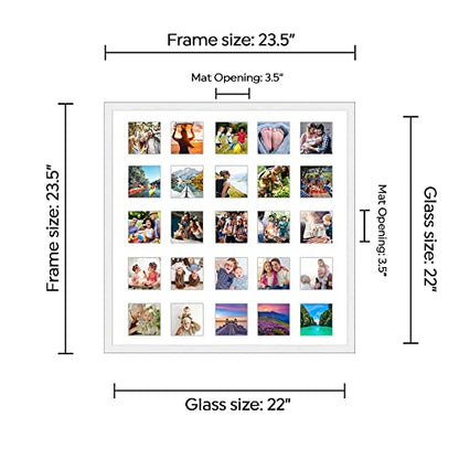 Instagram 25-Opening White Collage Frame With Mat - 22x22 Solid Wood Frame For (25) 4" x 4" Photos - White Matted Instagram 4x4 Collage Photo Frame with Mat with Multi Opening Picture Matte