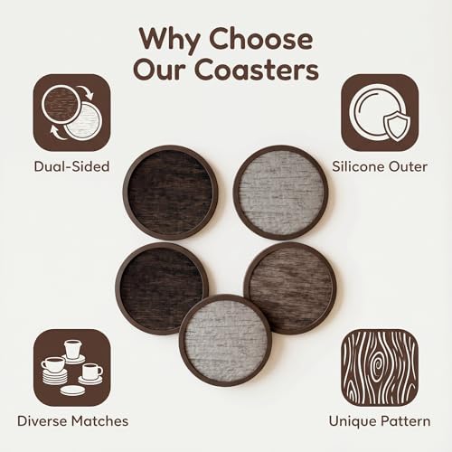Absorbent Coasters for Drinks with Holder - 6packs, Silicone Coasters with Soft Felt Insert, Dual-Sided 3 Wood-Themed Patterns, Reusable Table Protection Mats for Coffee/Tea/Wine/Cans - color: Dual-sided Wood-textured Patterns