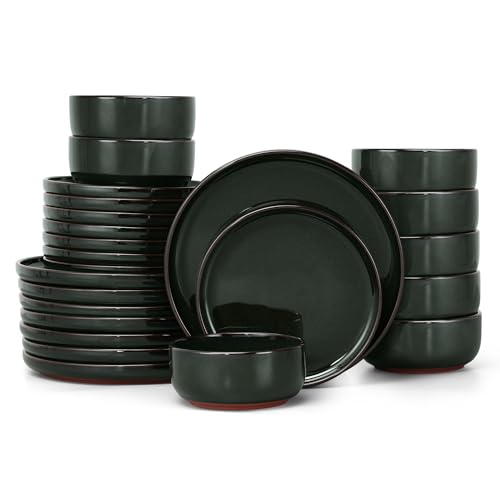 E-far Stoneware Dinnerware Sets for 8, 24 Pieces Reactive Glaze Plates and Bowls Sets, Elegant Dishes with Rustic Terracotta Clay Base, Dishwasher & Microwave Safe, Scratch Resistant, Blackish Green - color: Blackish Green, size: Service for 8