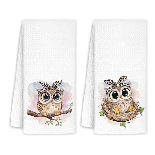 JINYO Coquette Leopard Bow Owl Kitchen Towels Set of 2, Gifts for Owl Lovers Women Hand Towels for Bathroom Kitchen Decor, Cute Wild Animal Owls Decorative Dish Tea Towels, 16x24 Inch - color: Leopard Bow Owl Towels