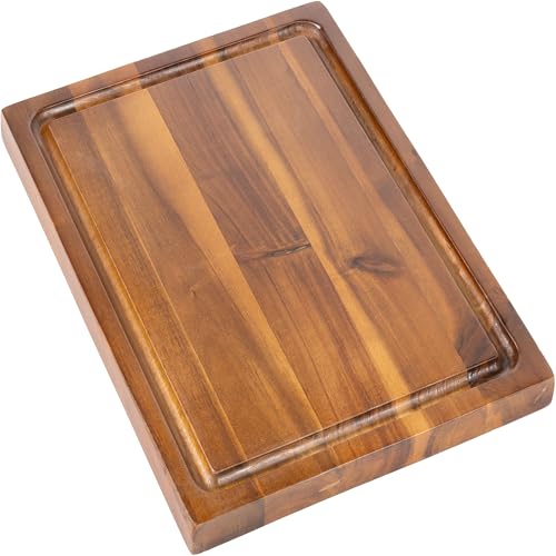 happimess Eldridge Small 14" x 10" Acacia Cutting Board, Brown | Handcrafted, 1 Inch Thick, Reversible Design, Juice Grooves, Authentic Wood Grain, Rectangular, Farmhouse Style - color: Brown, size: 14"L x 10"W